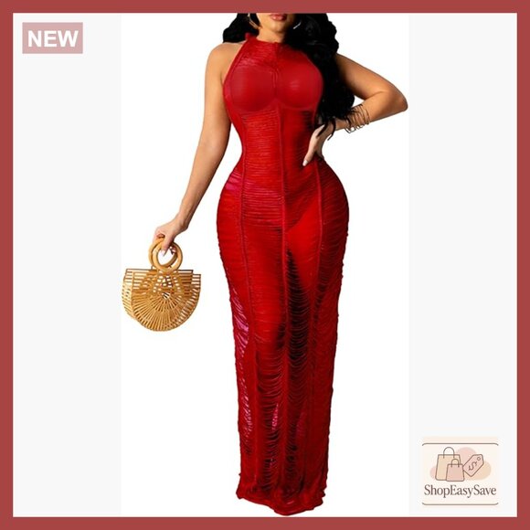 Sexy Halter Crochet Maxi Dress Backless Sheer Beach Cover Up Loose Fit